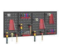 HOMCOM Panneau Perforé Mural 600 x 400 mm 4 Panneaux Perforés Noir et Rouge | Organiseur Garage En Acier, 38 Pièces, Crochets et Étagères de Rangement, pour Maison, Entrepôt, Magasin