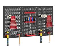 HOMCOM Panneau Perforé Mural 600 x 400 mm, Organiseur Garage en Acier avec 3 Panneaux Perforés, 28 Pièces, Crochets et Étagères de Rangement, pour Maison, Entrepôt, Magasin, Noir et Rouge