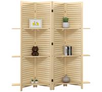 HOMCOM Paravent intérieur 4 panneaux 160L x 170H cm 3 étagères pliables séparateur de pièce portes persiennes naturel