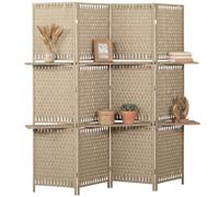 HOMCOM Paravent Intérieur 4 Panneaux 2 Étagères Pliables 181x180cm Naturel | Séparateur de Pièce, Bois de Pin, Bambou, Fibres de Papier Tressée