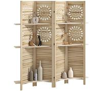 HOMCOM Paravent Intérieur 4 Panneaux 3 Étagères 160 x 170 cm Bois Naturel