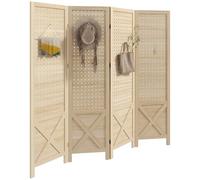 HOMCOM Paravent Intérieur en Bois 4 Panneaux 152 x 144,5 cm Bois Naturel | Panneau Perforé, Séparateur de Pièce Pliable, pour Salon, Chambre à Coucher, Maison