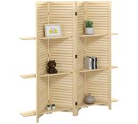HOMCOM Paravent Intérieur en Bois 4 Panneaux 160 x 170 cm Bois Naturel | Séparateur de Pièce Pliable avec 3 Étagères, Cloison de Séparation, Salon, Chambre à Coucher, Maison