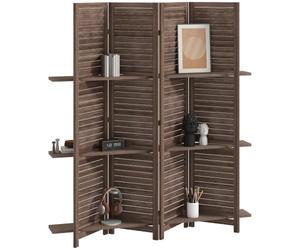 HOMCOM Paravent Intérieur en Bois 4 Panneaux 160 x 170 cm Noyer | Séparateur de Pièce Pliable avec 3 Étagères, Cloison de Séparation, Salon, Chambre à Coucher, Maison
