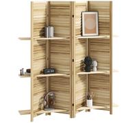HOMCOM Paravent Intérieur en Bois 4 Panneaux 160 x 170 cm, Séparateur de Pièce Pliable avec 3 Étagères, Cloison de Séparation pour Salon, Chambre à Coucher, Maison, Naturel à Grain de Bois