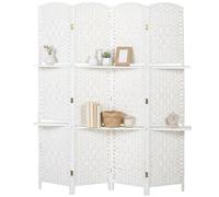 HOMCOM Paravent séparateur de pièce 4 Panneaux 160 x170 cm avec 2 étagères, Pliable, en Bois pour Le Bureau, Salon, Chambre, Blanc