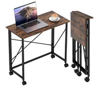 HOMCOM Petit Bureau Pliant 80 cm à roulettes Petits espaces Brun Rustique | Bureau d'ordinateur pliable, montage facile, table d'écriture gain de place, bureau à domicile, chambre