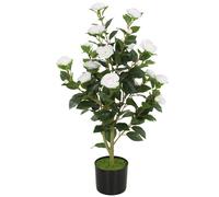 HOMCOM Plante artificielle de Camélia avec fleurs réalistes, 176 feuilles en PEVA et pot noir en PP rempli de ciment, blanc