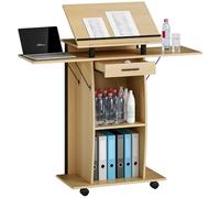 HOMCOM Podium avec roulettes, ailes latérales pliantes, support pour ordinateur portable, support inclinable avec tiroir, étagère pour église, conférence, salle de hêne 126 x 37 x 136 cm