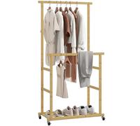 Portant à vêtements - HOMCOM - roulettes - double barre et étagère inférieure - bambou - 80x40x160cm - bois naturel