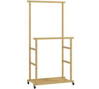 HOMCOM Portant à vêtements à roulettes, porte-manteau double barre en bambou avec étagère inférieure, 80x40x160cm, bois naturel