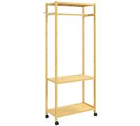 HOMCOM Portant à vêtements à roulettes, porte-manteau en bambou avec 2 étagères et tringle suspendue, 70x35x175cm, bois naturel