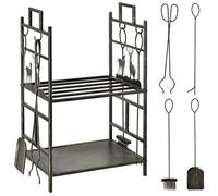 HOMCOM Porte-bûches range bûches étagère à bois de cheminée serviteur de cheminée cerf multi-accessoires 2 étagères dim. 51,5L x 33l x 77H cm métal noir or vieilli