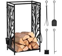 HOMCOM Porte-bûches range bûches étagère à bois de cheminée serviteur de cheminée arbre multi-accessoires dim. 46L x 29l x 70H cm acier noir