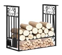 HOMCOM Porte-bûches range bûches étagère à bois de cheminée serviteur de cheminée multi-accessoires dim. 75L x 30l x 60H cm acier noir