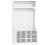 HOMCOM Porte-Manteau 4-en-1 avec Banc, Banc d'Entrée avec 12 Compartiments à Chaussures, 6 Crochets et Étagère Ouverte, Blanc