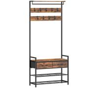 HOMCOM Porte-Manteau 5 en 1, Banc, Tringle, 10 Crochets Amovibles, 2 Tiroirs, Étagère à Chaussures, 80x30x181,5cm Brun Rustique