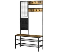 HOMCOM Porte-Manteau au Design Industriel, 1 Tableau Mémo, 1 Banc à Chaussures, 8 Crochets pour Vêtements, 1 Sac de Rangement, Noir + Marron