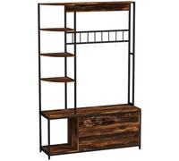 HOMCOM Porte-manteau avec Étagère à Chaussures avec Banc 4 en 1 Marron | Industriel, 10 Crochets, 3 Étagères, Armoire à Chaussures Rabattable 2 Niveaux, Meuble d'entrée, Vestiaire d'Entrée