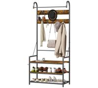 HOMCOM Porte-Manteau d'Entrée avec Tringle, 10 Crochets, Banc et Etagère à Chaussures, en Bois et Métal, 80x40x182 cm, Marron et Noir