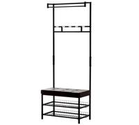 HOMCOM Porte-Manteau Vestiaire d'Entrée Banc Intégré 2 Étagères 5 Patères + Barre de Penderie Métal Noir Chocolat aosom france