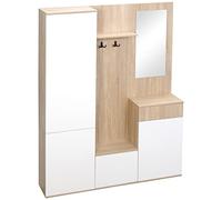 HOMCOM Porte-Manteaux d'entrée 4-en-1 Bois Naturel et Blanc | Miroir, crochets & étagères réglables, meuble d'entrée polyvalent en bois avec tiroir, 145x29x184 cm.