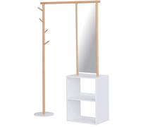 HOMCOM Porte-manteaux meuble d'entrée vestiaire penderie avec miroir 4 patères 2 niches dim. 100L x 34l x 164H cm MDF blanc bois massif bambou