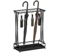 HOMCOM Porte-Parapluie en Acier, 21 Emplacements 50 x 24 x 68 cm Noir | 24 Crochets, Support pour Parapluies, Plateau d'Égouttement Amovible, Étagère, pour Entrée Maison Bureau