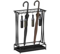 HOMCOM Porte-parapluie rectangulaire en acier avec 24 crochets, 21 trous, bac récupérateur d'eau amovible pour cannes et parapluies, 50 x 24 x 68 cm, noir