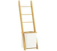 HOMCOM Porte-Serviettes Bambou avec Panier à Linge, Échelle Porte-Serviettes avec 1 Panier à Linge, 43 x 35 x 133 cm, Crème