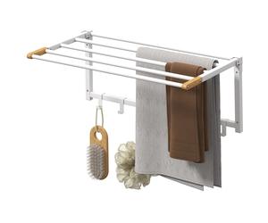 HOMCOM Porte-serviettes mural pliable avec 5 barres et 6 crochets en bois et acier, 60x32.5x20 cm, Blanc