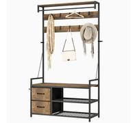 HOMCOM Portemanteau à Chaussures avec Banc Porte-chaussures Double 10 Crochets Ajustables 2 Tiroirs et Barre de Suspension 100x40x180 cm Marron Rústico