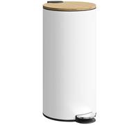 HOMCOM Poubelle Cuisine 30L, Poubelle à Pédale en Métal avec Seau Intérieur Amovible, Couvercle en Bambou à Fermeture Douce et Maintien en Ouverture, pour Cuisine, Bureau, Maison, Blanc