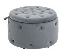 HOMCOM Pouf avec espace de rangement, pouf rembourré boîte de rangement avec couvercle, ottomane ronde, coffre de siège avec aspect velours, boutons pour le salon, gris, Ø60 x 40 cm