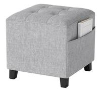 HOMCOM Pouf carré, petit pouf avec poche latérale, repose-pieds en tissu aspect lin avec pieds en bois d'hévéa, Gris clair