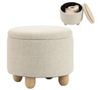 HOMCOM Pouf Coffre de Rangement Rond en Toile de Jute Ø38,5x33,5 cm Beige | Repose-Pieds avec Couvercle, Pieds Bois Hévéa, Tabouret de Rangement, Chambre Couloir Salon
