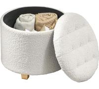 HOMCOM Pouf coffre rangement, tabouret rond, pouf repose-pieds en tissu bouclette, pour la chambre à coucher, entrée, salon, charge 120 Kg, Ø 45 x 41 cm, blanc
