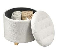 HOMCOM Pouf coffre rangement, tabouret rond, pouf repose-pieds en tissu bouclette, pour la chambre à coucher, entrée, salon, charge 120 Kg, Ø 45 x 41 cm, blanc