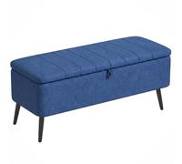 HOMCOM Pouf de Rangement à Rabat, Pieds Acier pour Chambre, Bleu foncé | Banc rectangulaire rembourré, repose-pieds en tissu lin, utilisation dans le salon