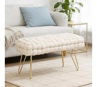 HOMCOM Pouf rembourré Aspect Velours avec siège rembourré et Pieds en métal pour Salon, Chambre à Coucher, 76 x 38 x 41,5 cm, Blanc crème