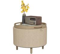 HOMCOM Pouf rond repose-pieds tabouret avec coffre de rangement, plateau réversible, meuble 3 en 1 pied en bois beige