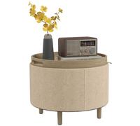 Pouf rond - HOMCOM - repose-pieds tabouret coffre rangement plateau réversible 3 en 1 - bois bouclette - Ø 35 cm - beige