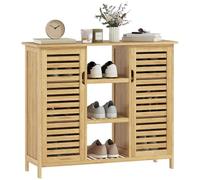 HOMCOM Rack à Chaussures avec 2 Portes à lamelles en Bambou Rack à Chaussures pour entrée avec étagères Ouvertes et Compartiments pour 9 Paires de Chaussures 100x33x86 cm Naturel