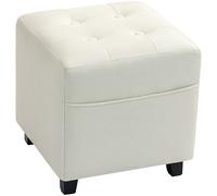 HOMCOM Repose pied salon, ottoman, siège rembourré capitonné en tissu aspect lin avec poche latérale, 35 x 35 x 35 cm, crème