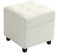 HOMCOM Repose Pied Salon, Petit Pouf Salon 35 x 35 x 35 cm Crème | Ottoman, Siège Rembourré Capitonné, Tissu Aspect Lin, Poche Latérale, Structure en Bois, pour Chambre à Coucher, Entrée
