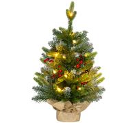 HOMCOM Sapin de Noël 60 cm arbre de Noël de table avec lumière LED, 141 pointes, pommes de pin et baies rouges, base en béton