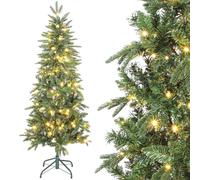 HOMCOM Sapin de Noël Artificiel 150 cm Arbre de Noël Slim 150 Lumières Vert | Blanches Chaudes, 8 Modes d'Éclairage, 605 Pointes de Branche Articulée, Support en Métal, Plastique Ignifuge
