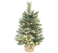 HOMCOM Sapin de Noël Artificiel 60 cm Mini Arbre de Noël de Table Vert | Floqué, 64 Pointes de Branche, 35 LED, Pommes de Pin, Base en Lin, Fonctionne à Piles, pour la Maison