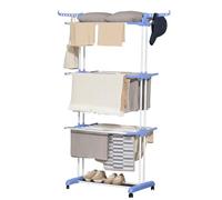HOMCOM Séchoir à Linge Étendoir Pliable 3 Niveaux 73 x 64 x 177 cm Bleu | 4 Roulettes, Cadre en Acier, Ailes Latérales, pour Intérieur Extérieur