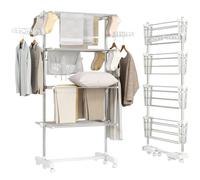 HOMCOM Séchoir à Linge Étendoir Pliable 4 Niveaux 142 x 55 x 172 cm Blanc | sur Roulette, Cadre en Acier, Ailes Latérales, Intérieure et Extérieure, 3 Niveaux